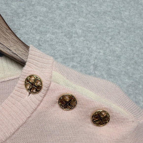 Tory Burch Kimberly Sweater Women S P Pink Merino Wool Bell Sleeve Gold Button - Picture 7 of 13